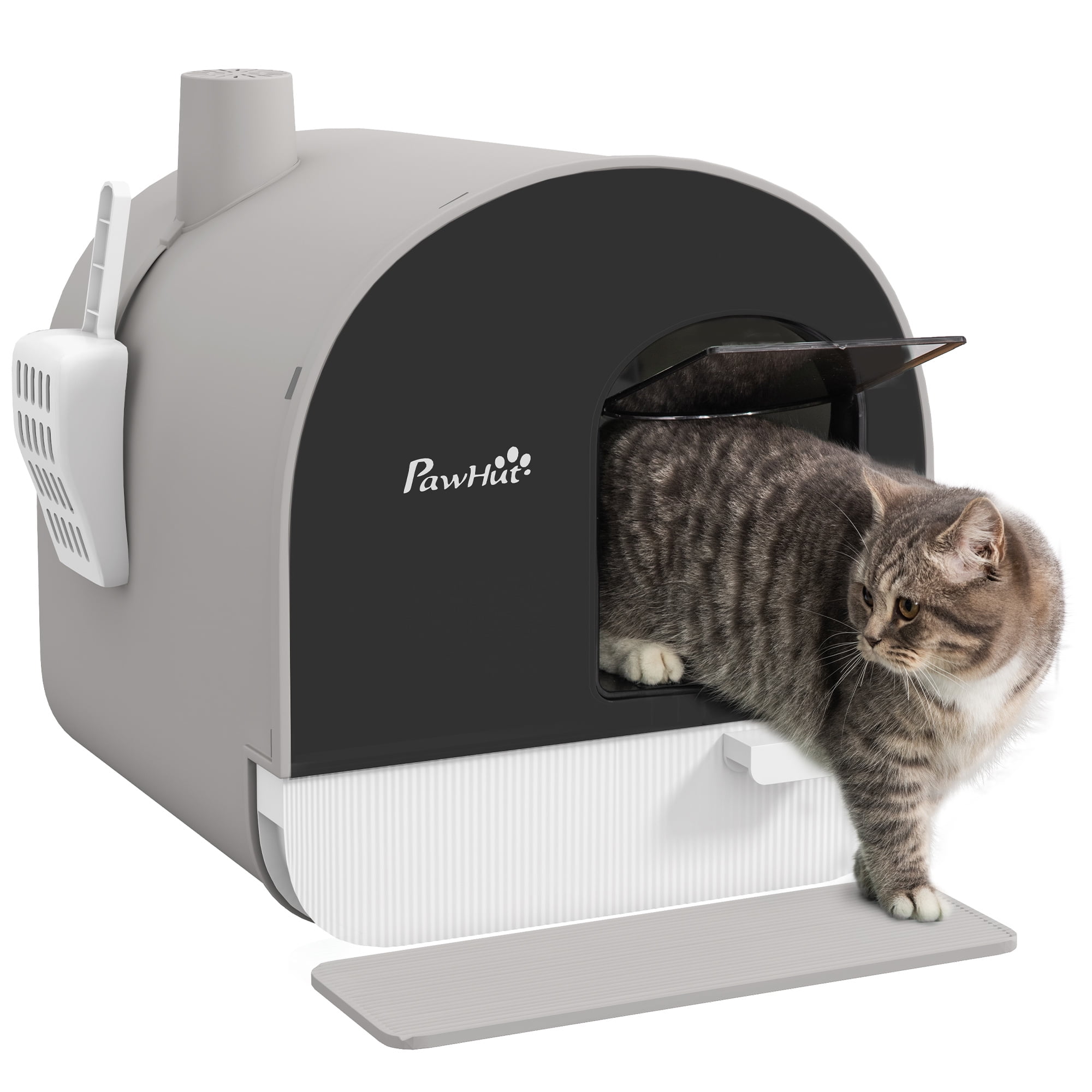 Cat Litter Box with Lid, Covered Litter Box for Indoor Cats with Tray, Scoop, Filter, 17" x 17" x 18.5", Light Gray