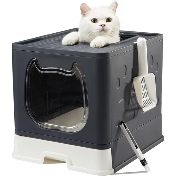 Cat Litter Box with Lid, Foldable Enclosed Covered Top Entry Kitten Litter Boxes for Growing Cats, Drawer Type Kitty Toilet with in/Out Front Door