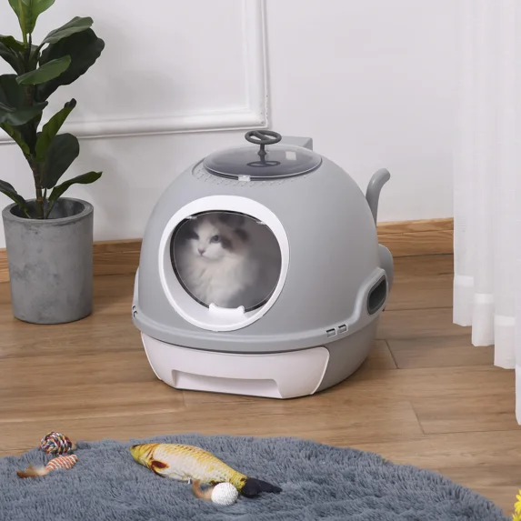 Cat Litter Box with Lid, Space-Capsule Design with Skylight, Removable Tray & Scoop, Anti-Litter Spill for Cats Under 9 lbs (Tile Blue/Gray)