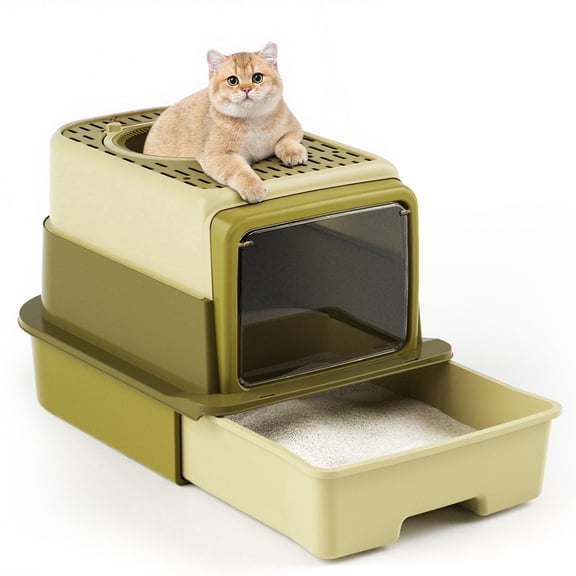 Enclosed Cat Litter Box with Lid, Easy to Scoop with Litter Scoop Set, High Sides Enclosure Anti-Urine Leakage Non-Sticky(Green)