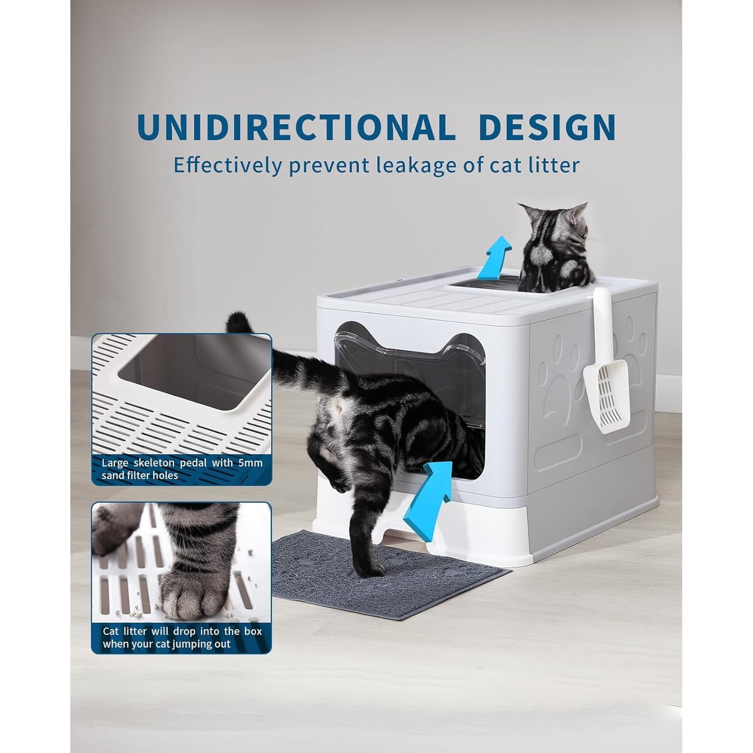 Cat Litter Box with Litter Mat and Scoop, Large Foldable Litter Box with Lid, Front Entry Top Exit Kitty Box, Odor Control, Easy to Clean (Grey)