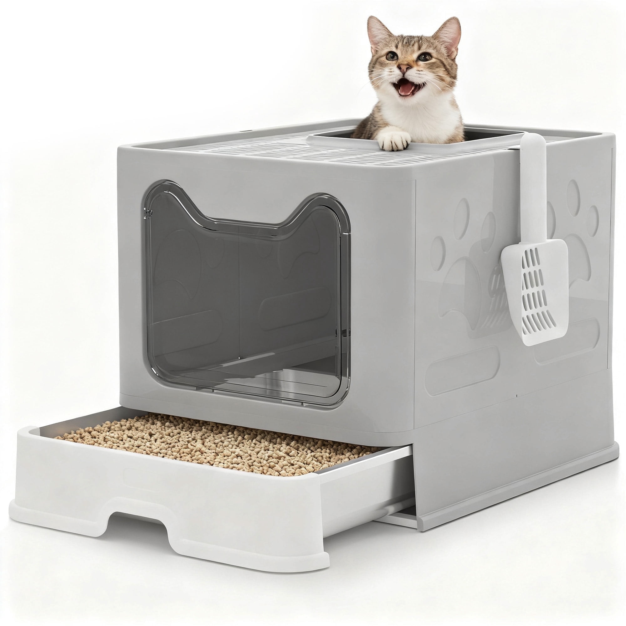 Enclosed Cat Litter Box with Lid & Stainless Steel Drawer Design for Indoor All Lifestyles Cats with Litter Scoop