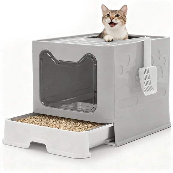 Enclosed Cat Litter Box with Lid & Stainless Steel Drawer Design for Indoor All Lifestyles Cats with Litter Scoop
