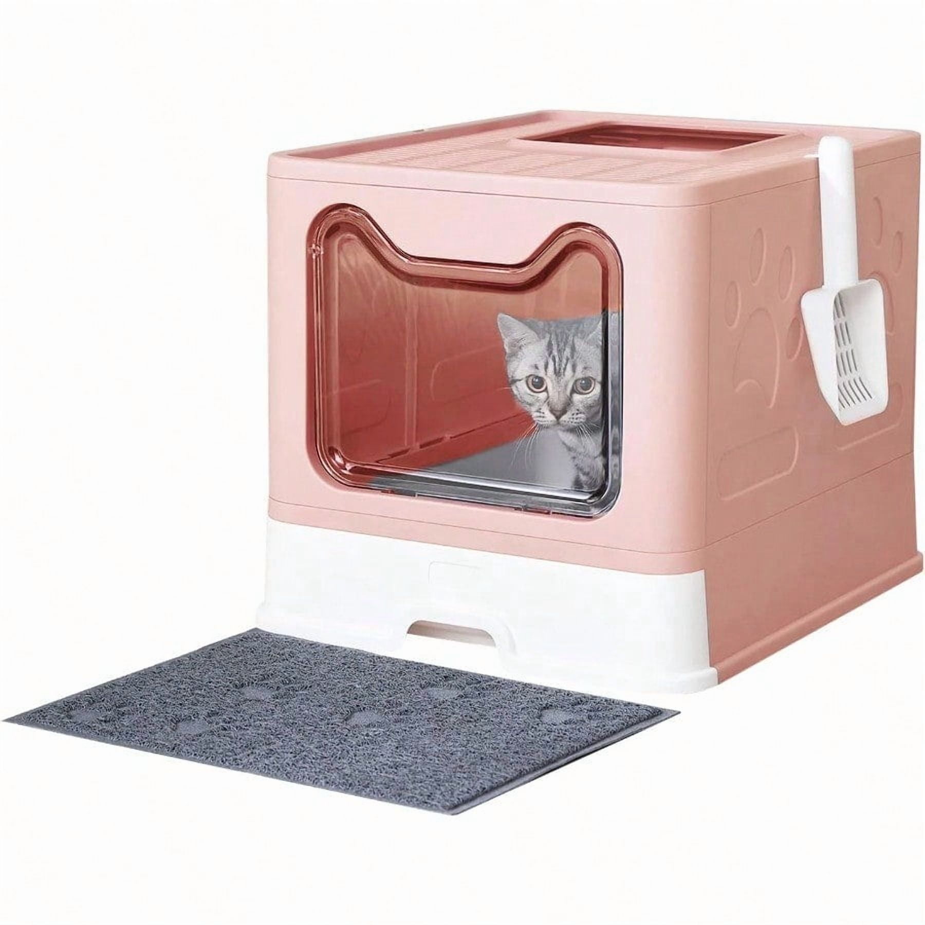 Cat Litter Box with Litter Mat and Scoop Large Foldable Litter Box with Lid Front Entry Top Exit Kitty Box Odor Control Easy to Clean Pink