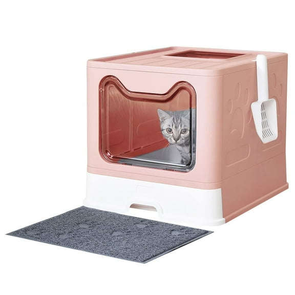 Cat Litter Box with Litter Mat and Scoop, Large Foldable Litter Box with Lid, Front Entry Top Exit Kitty Litter Box, Odor Control Easy Clean (Pink)
