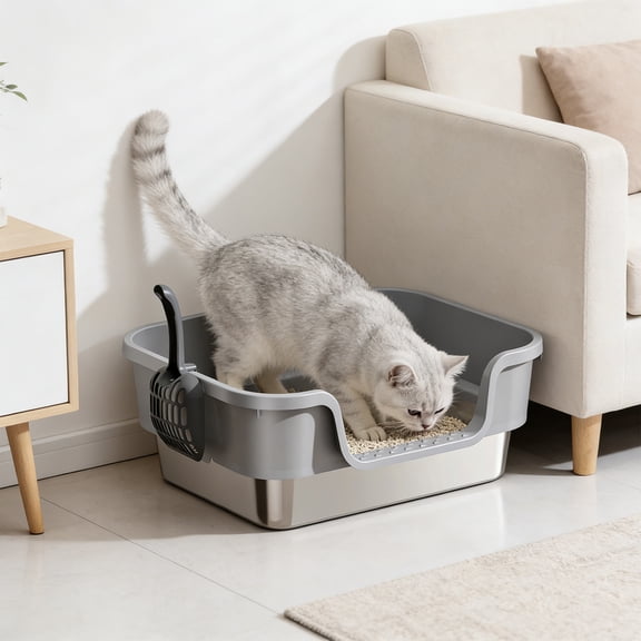Cat Litter Box, with Stainless Steel and Plastic, Elevated Sides and Top Entry Design, Easy to Clean, Non Smell, Ideal for Large Cats