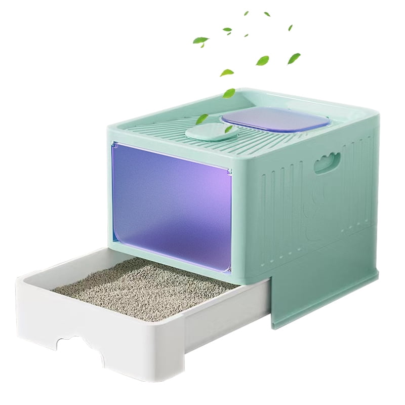 Cat Litter Box with UV, Enclosed Plastic Cat Litter Box with Handy Litter Scoop, Top Exit Anti-Splashing Cat Toilet, Drawer Type Cat Toilet