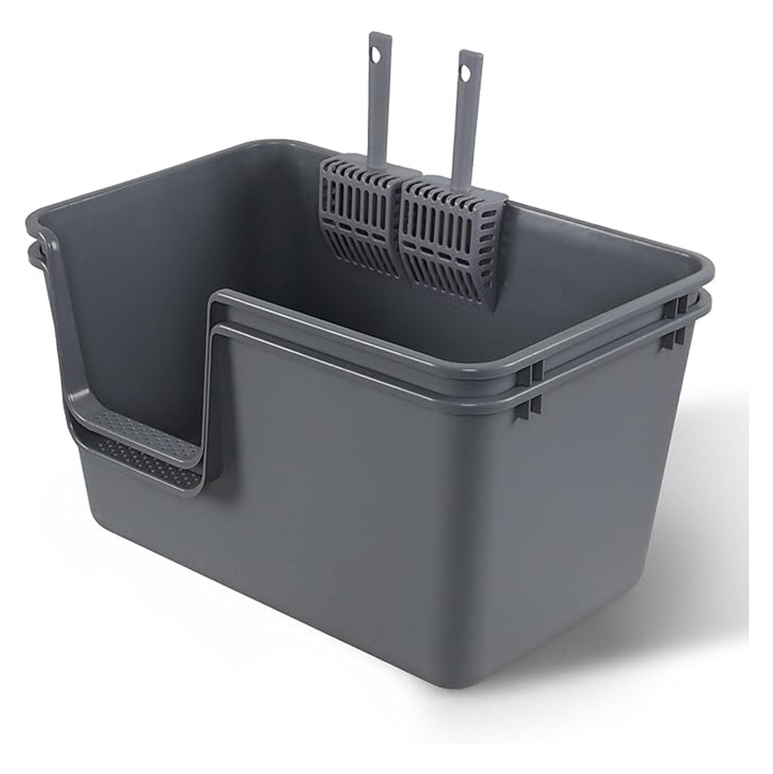 Cat Litter Boxes 2 Pack - Extra Large High Sided Pan, 24.35 x 15.12 x 12.9 Inch Gray - Open Top Cat Litter Box for Easy Access & Cleaning