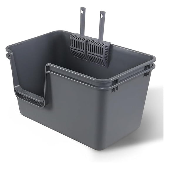 Cat Litter Boxes 2 Pack - Extra Large High Sided Pan, 24.35 x 15.12 x 12.9 Inch Gray - Open Top Cat Litter Box for Easy Access & Cleaning