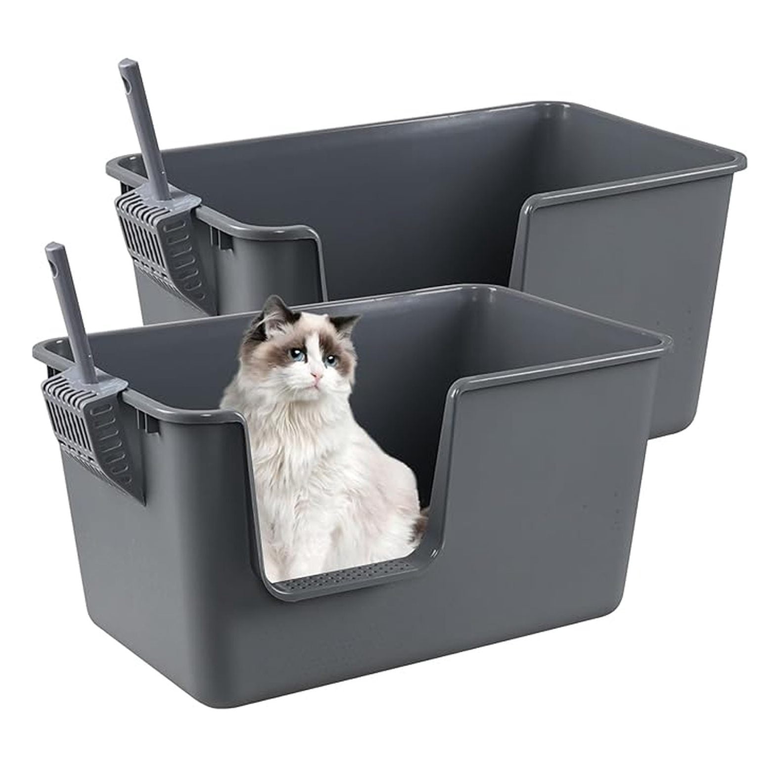 Cat Litter Boxes 2-Pack, Large High-Sided Plastic Cat Litter Pan, Gray - 24.4x15.2x12.7 Inch - Open Top Cat Toilet for Cats & Small Dogs
