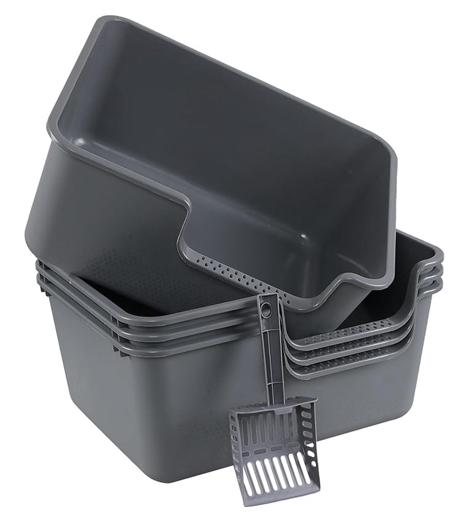 Cat Litter Boxes 4-Pack, Large High-Sided Litter Pan, Grey - Open Top Cat Toilet Tray, Easy Entry for Older Cats, Durable Plastic, 19.6 x 15.2 x 8.7 Inch