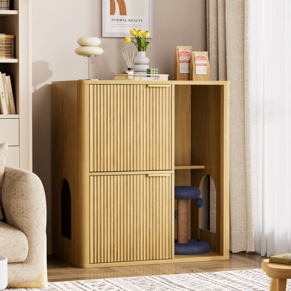 Cat Litter Cabinet with Cat Tree, Hidden Litter Box Furniture with Dual Doors, Natural Cat Litter Box Enclosure & Side Table with Storage Shelf, Mid Century Modern