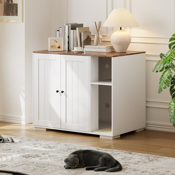 Cat Litter Enclosure Cabinet for Robot 3/4, XL Cat Enclosure Furniture with Built-in Power Outlet, Mat and Dog-Proof Shelf, Fits Most Self-Cleaning Litter Boxes