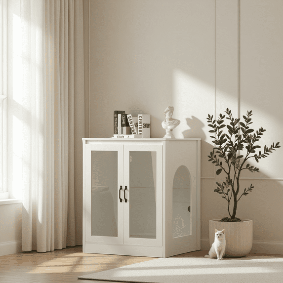 Cat Litter Enclosure with Cat-Viewing Glass Doors, Litter Cabinet with Power Outlet and Cozy LED Lights, Reversible and Optional Entry, White