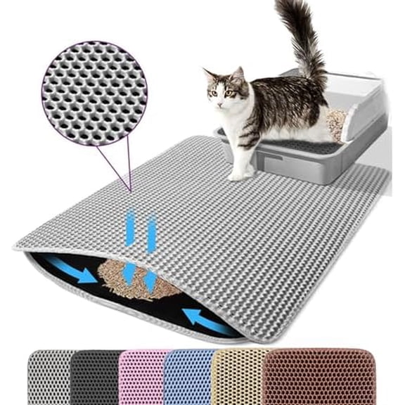 Cat Litter Mat, 24x18 Inches Large Double Layer Honeycomb Cat Litter Trapping Mat, Non Slip Waterproof Urine Proof Cat Litter Box Mat for Floor, Kitty Litter Rug, Cat Supplies, Gray