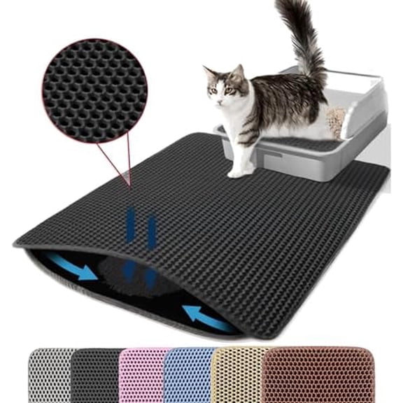 Cat Litter Mat, 24x18 Inches Large Double Layer Honeycomb Cat Litter Trapping Mat, Non Slip Waterproof Urine Proof Cat Litter Box Mat for Floor, Kitty Litter Rug, Cat Supplies, Black