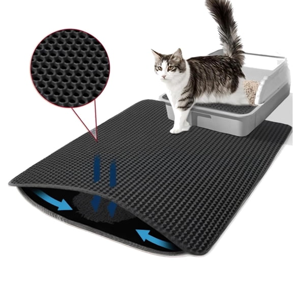 Cat Litter Mat, 24x18 Inches Large Double Layer Honeycomb Catcher for Litter Box, Non Slip Waterproof Urine Proof Mat for Floor, Kitty Litter Rug for Indoor Use, Cat Supplies, Black