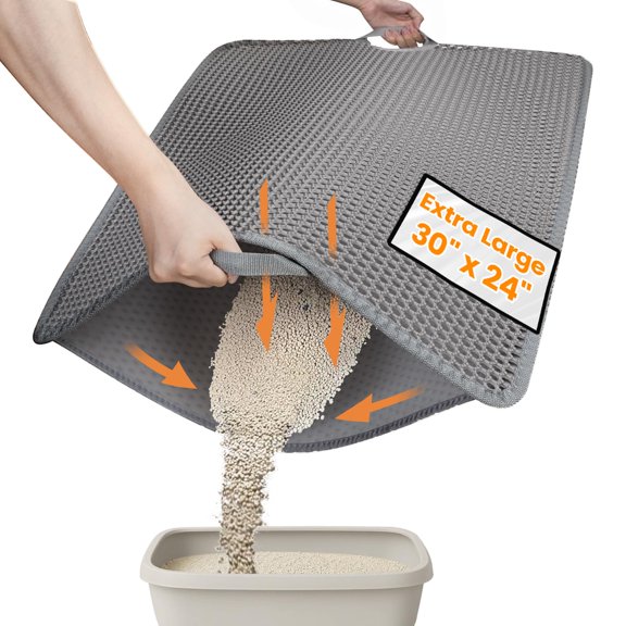 Cat Litter Mat-30"X24" Large Litter Box Mat for Kitty, EVA Honeycomb Double Layer Design, Urine & Waterproof with Unique Handle, Less Waste, Easier To Clean,Non Slip, Gray