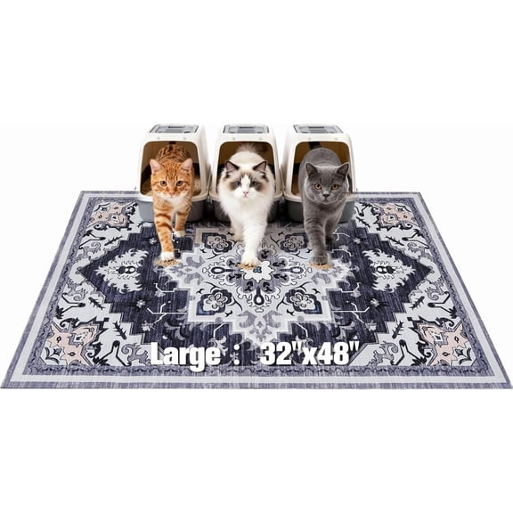 Cat Litter Mat, 32x48 XL Non-Slip Urine Waterproof Litter Trapping Mat Easy to Clean Washable Litter Box Mat for Floor Soft on Kitty Paws, Indoor Food Mats Rug Pads for Bathroom Grey