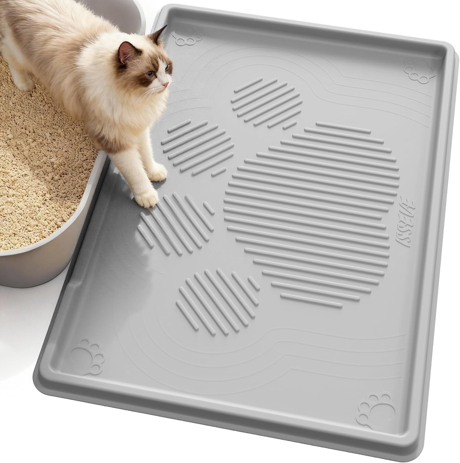 Cat Litter Mat 40" x 28" XL, Extra Large Silicone Mat for Litter Box, 1.38" Raised Edge Urine Waterproof Litter Trapping Mat Pad for Scatter Control, Soft on Kitty Paws, Protect Floor (Grey)