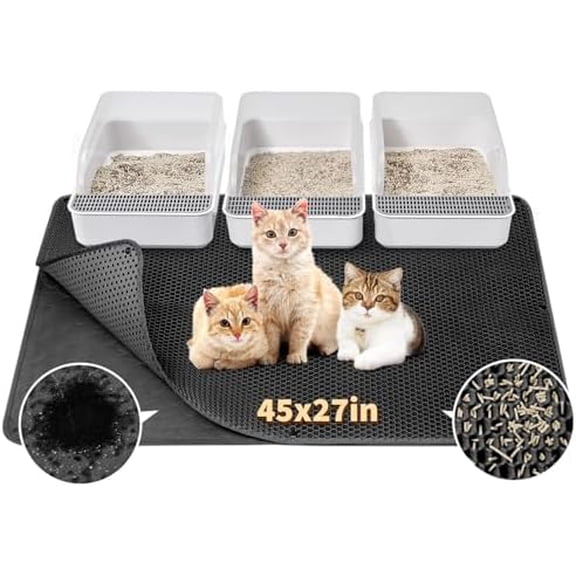 Cat Litter Mat, 45"x 27" Kitty Litter Trapping Mat, Extra Large XL Honeycomb Scatter Control, Urine & Waterproof, Machine Washable, Black