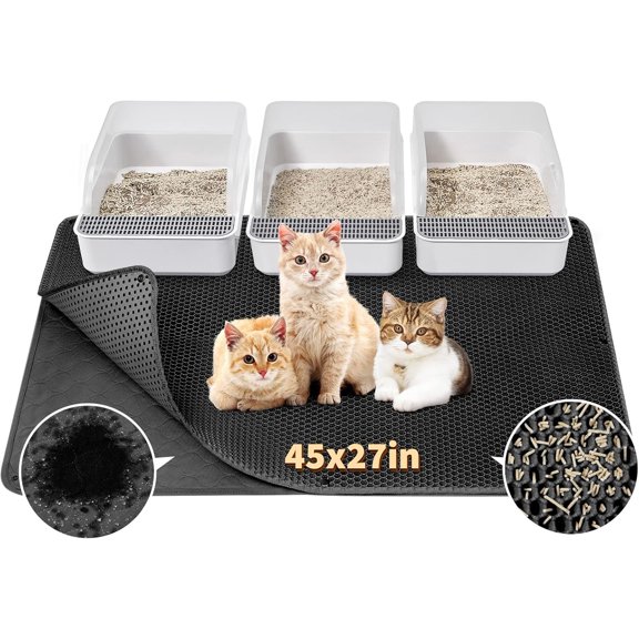 Cat Litter Mat, 45"x 27" Kitty Litter Trapping Mat, Extra Large XL Honeycomb Scatter Control, Urine & Waterproof, Machine Washable, Black