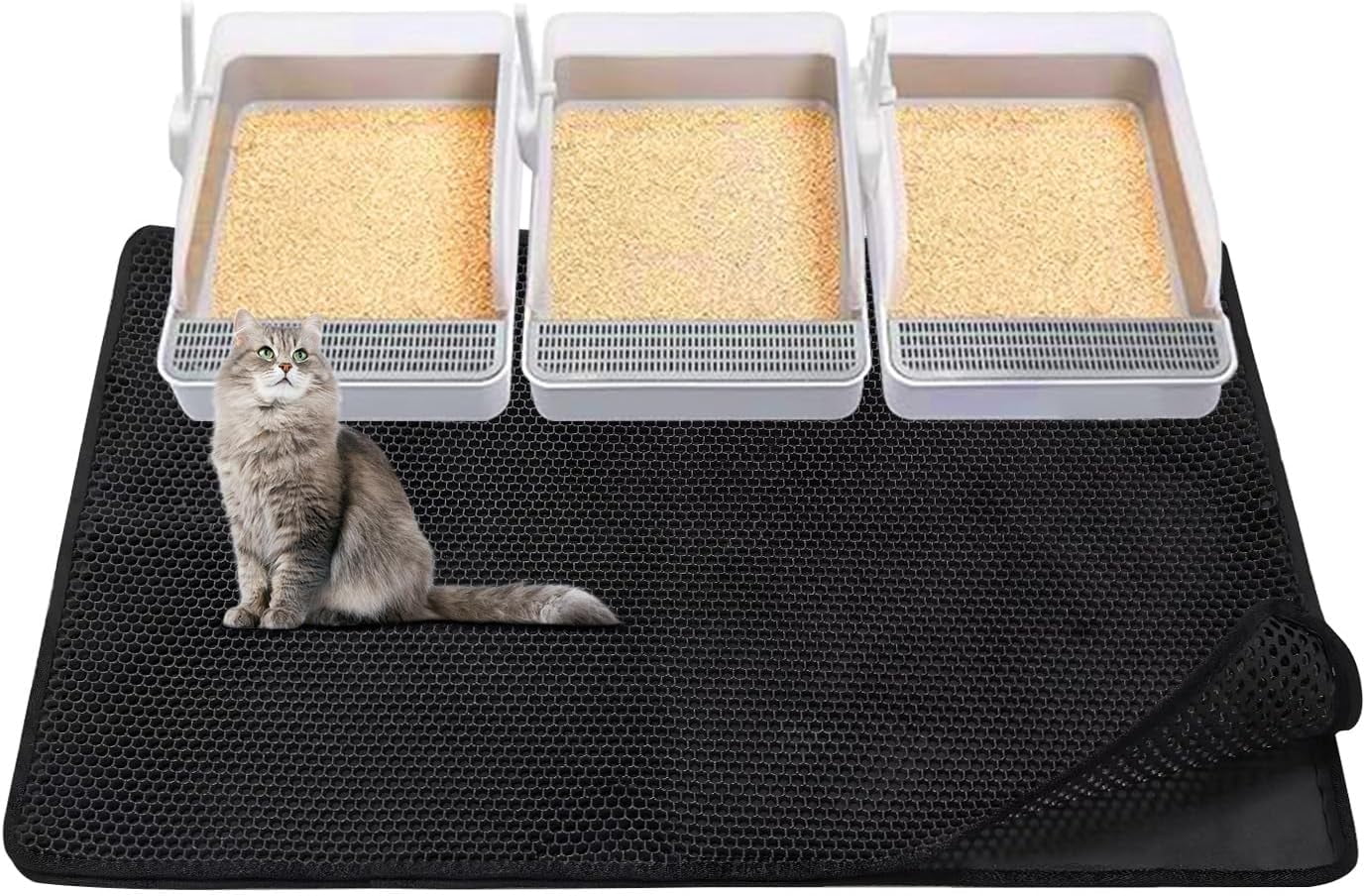 Cat Litter Mat,45"x32" Extra Large Cat Litter Box Mat,Honeycomb Double Layer Kitty Litter Trapping Mat,Soft EVA Material,Urine & Waterproof,Scatter Control,Easy Clean,Washable(Black)