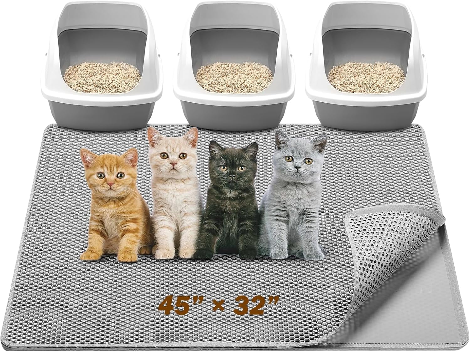 Cat Litter Mat,45"x32"Large Cat Litter Mat Litter Trapping Mat,Honeycomb Double Layer Kitty Litter mat,Soft EVA Material,Durable,Urine & Waterproof,Easy Clean,Washable(Light grey)