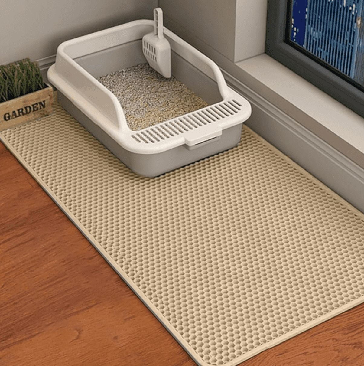 Cat Litter Mat, 45x26 Inch Extra Large&Long Double Layer Cat Litter Box Mat, EVA Non-Slip, Waterproof Urine Proof Cat Litter Catcher Mat, Easy Clean Scatter Control (45x26 Inch, Khaki)