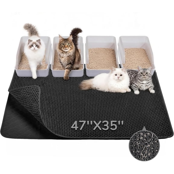 Cat Litter Mat 47" x 35" Upgraded Felt & Fabric Material Cat Trapping Mat for Fewer Creases, Extra Large Hold 3-4 Litter Boxes Urine-Proof Non-Slip, Machine Washable, Soft on Paws, Black