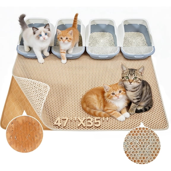 Cat Litter Mat 47"x35", Machine Washable Leak-Proof & Urine-Resistant Cat Mat, Soft Felt Fabric for Fewer Creases, Non-Slip Double Layer Design for 3-4 Litter Boxes, Khaki