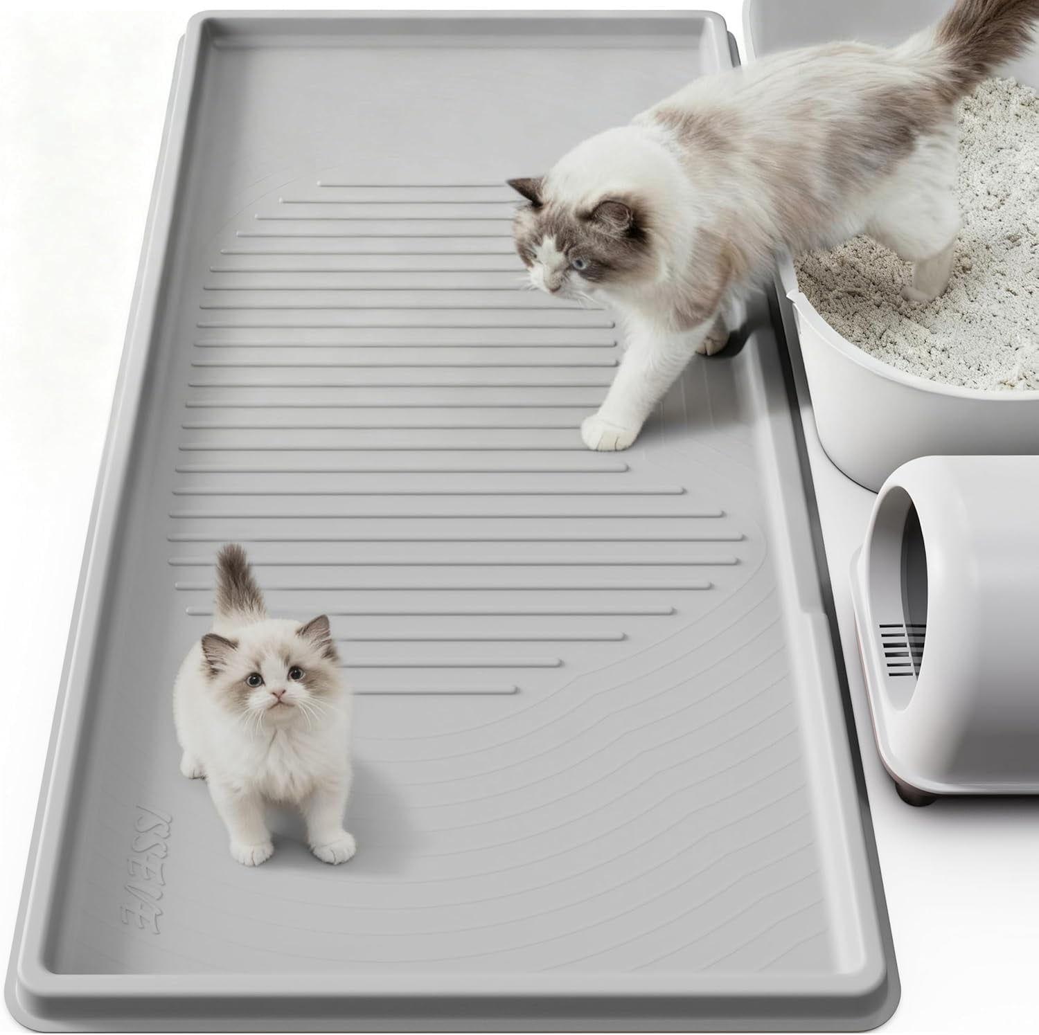 Cat Litter Mat 54" x 27.5" XXL, Extra Large Silicone Mat for Litter Box, 1.38" Raised Edge Urine Proof Litter Trapping Mat Pad for Scatter Control, Soft on Kitty Paws, Protect Floor (Grey)