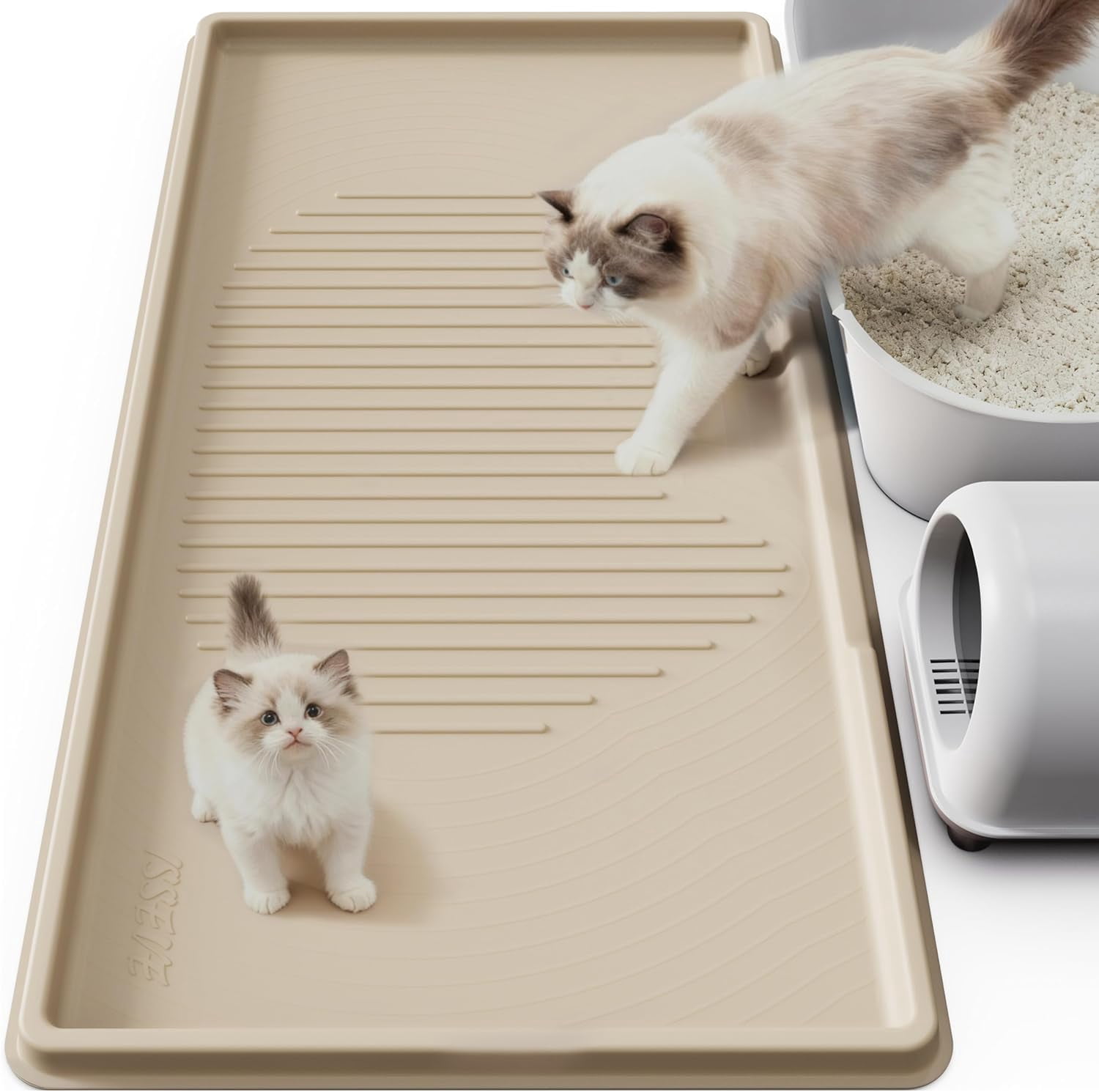 Cat Litter Mat 54" x 27.5" XXL, Extra Large Silicone Mat for Litter Box, 1.38" Raised Edge Waterproof Litter Trapping Mat Pad for Scatter Control, Soft on Kitty Paws, Protect Floor (Beige)