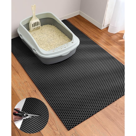 Cat Litter Mat - Cut to Fit Any Place, 35"x23" Large Litter Trapping Mat for Litter Box, Easy to Clean, Waterproof & Non-Slip Kitty Pad, Scatter Control to Protect the Floor (Black)