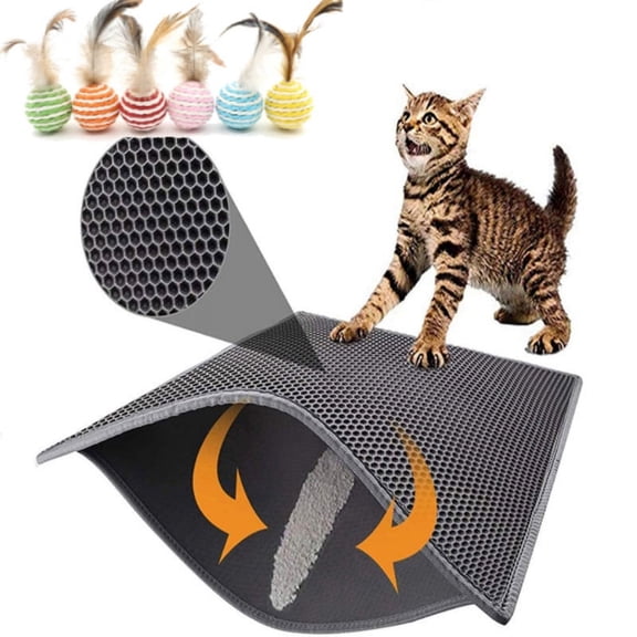Cat Litter Mat Honeycomb Double Layer Waterproof Mat Easy to Clean Washable with 2 Random Feather Sisal Balls Cat Toys, Gray-Mini