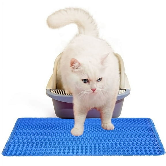 Cat Litter Mat, Kitty Litter Trapping Mat, Double Layer Mats with Shape Scratching design, Urine Waterproof, Easy Clean, Scatter Control  21" x 14"  Blue