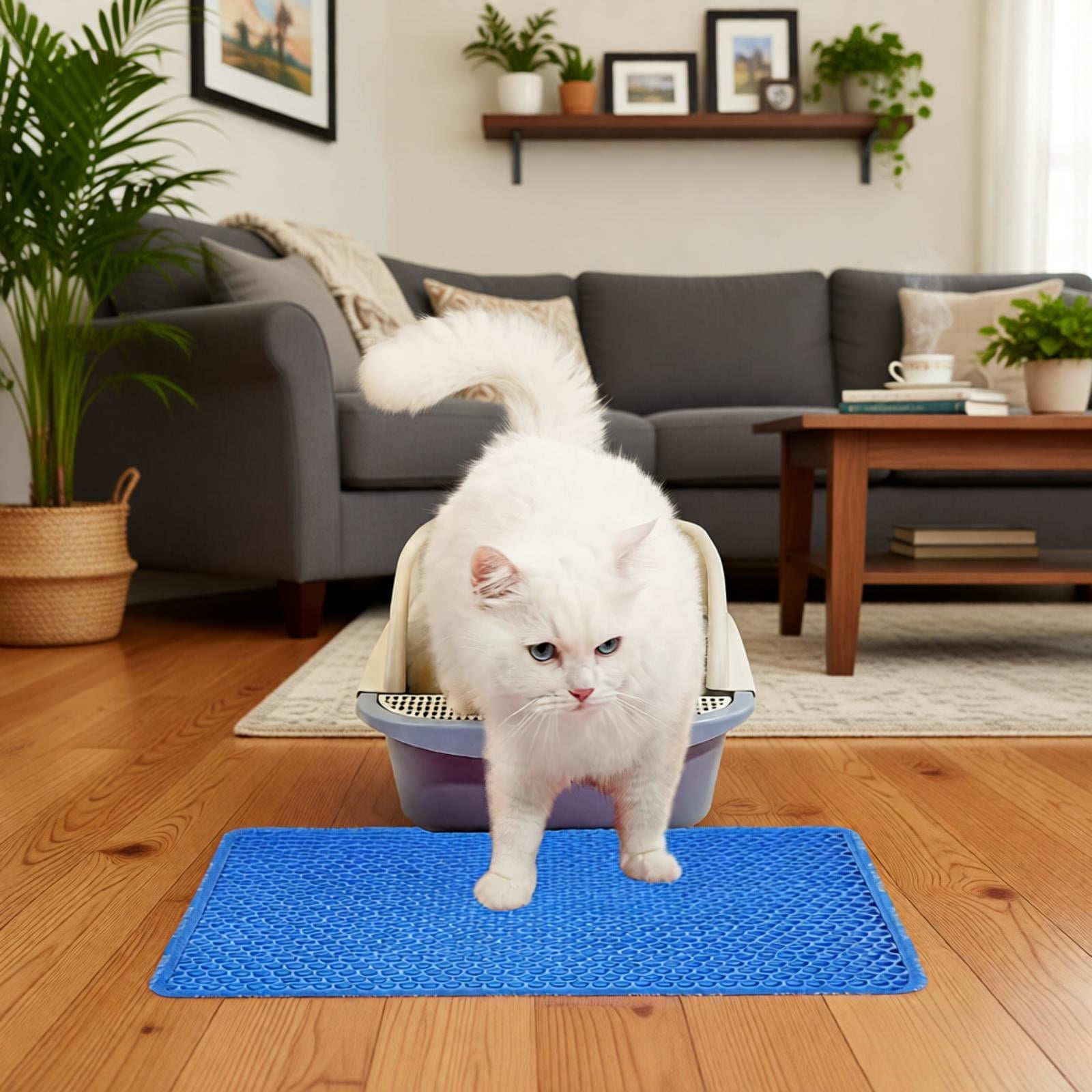 Cat Litter Mat for Litter Box, Double Layer Trapping Mat with Waterproof Bottom, 21x14in Kitty Litter Scatter Control Mat, Blue EVA Scratch Pad for Cat Paws, Easy Clean