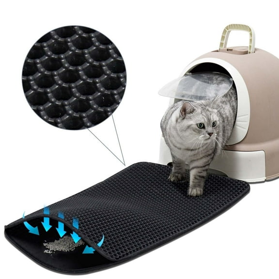 Cat Litter Mat for Pet Kitty Litter Box,Waterproof Cat Mat Honeycomb Double Layer Design,Soft on Paws,No Slip Cat Litter Trapping Mat,Machine Washable,Anti-Tracking - Black,30 * 24"