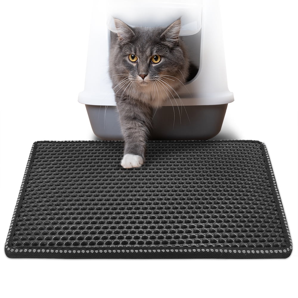 Cat Litter Mat, Rice-Shaped Double Layer Litter Trapper Waterproof Urine-Proof Mat, Non-Slip for Litter Box Area, Scratch-Friendly for Cats & Kittens​ Black