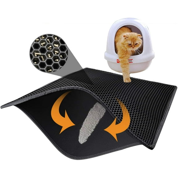 Cat Litter Mat Trapping for Litter Box, No Slip & Large, Urine & Waterproof, Honeycomb Double Layer Anti Tracking Kitty Mats, No Phthalate, Washable Easy Clean 32 x 25 inch Black