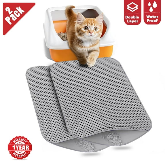 Cat Litter Mat Waterproof,24"x18" Double-Layer,Non-Slip,Urine-Proof Litter Box Mats for Scatter Control,Easy to Clean,Grey (2 Pack)