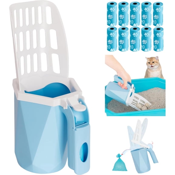 Cat Litter Scoop, Cat Litter Scooper with Holder for Litter Box Includes 10rolls (150pcs) Litter Bags, Large Shovel and Waste Storage Container, 3 in1 Portable Kitty Poop Disposal System (Blue)