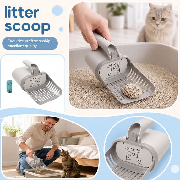 Cat Litter Scoop with Integrated Waste Container, Cat Litter Bags for Poop Included, 11X6X3 Inch Litter Box Accessory for Pet Potty for Cat Owners Home Use