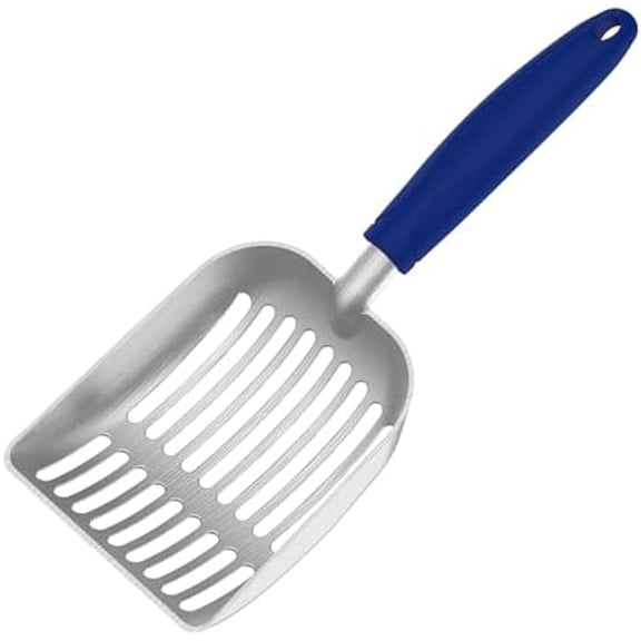Cat Litter Scoop, Kitty Metal Scooper, Aluminum Alloy Sifter, Kitten Pooper Lifter, Deep Shovel, Long Handle, Poop Sifting, Durable, Heavy Duty, for Litter Box Flat Aluminum-Blue Handle,Small