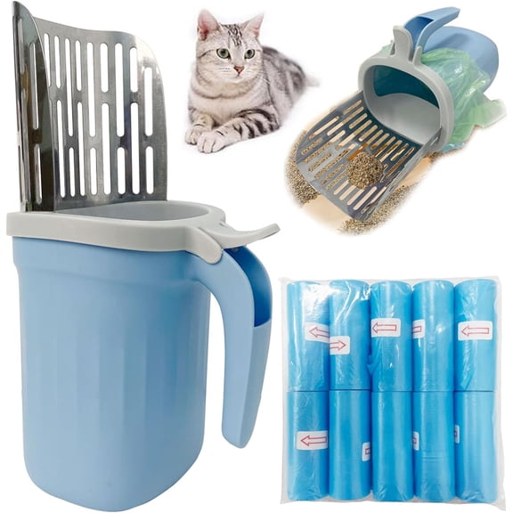 Cat Litter Scoop, Large Capacity Mess-Free Cat Litter Scooper with 10 Rolls/300 Count Refill Bags, Spill-Proof Kitty Box Sifter, Bin Doubles as Scoop Holder