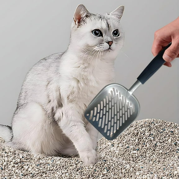 Cat Litter Scoop,Long Handle Cat Scooper,Stainless Steel Metal Scoop,Poop Sifting,Mesh Shovel,Suitable for Cat Litter Box, (Black)