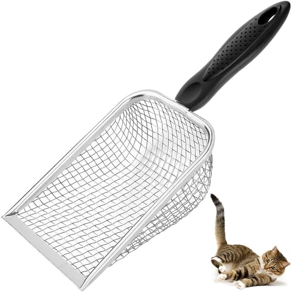 Cat Litter Scoop - Long Handle Scooper, Rustproof Stainless Steel Mesh, Non-Slip Grip, Deep Shovel Sifter for All Litter Types, Easy Clean Kitty Waste Litter for Litter Box