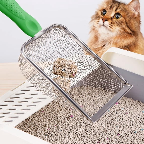 Cat Litter Scoop - Long Handle Scooper, Rustproof Stainless Steel Mesh, Non-Slip Grip, Deep Shovel Sifter for All Litter Types, Easy Clean Kitty Waste Litter for Litter Box