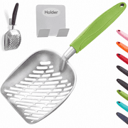Cat Litter Scoop, Metal, 13.8 x 5.3 in, Deep Shovel Poop Sifting with Long Handle, Pooper Lifter Works with All Type of Cat Litter, with Holder-green
