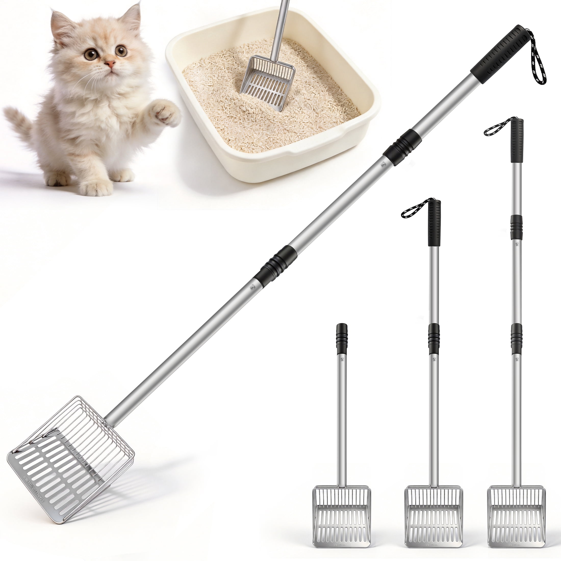 Extendable Metal Cat Litter Scoop, Long Handle Stainless Steel Litter Sifter, Adjustable 21-39 inch Cat Poop Scooper for Kitty Litter Boxes, Chicken Coop, Sand